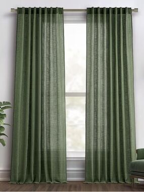 Sheer Olive Green Linen Blend Curtains – 84” Length – Set of 2 Panels